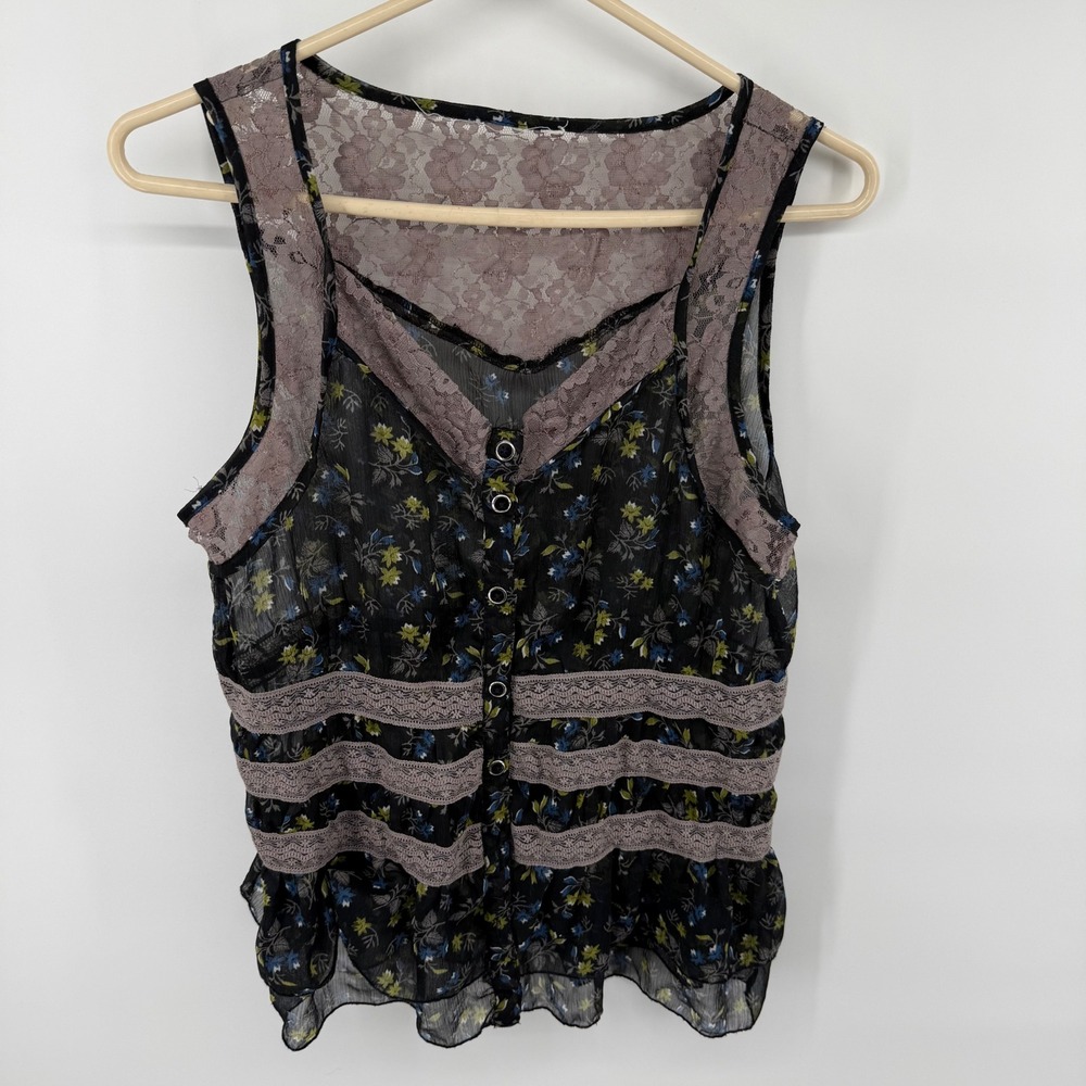 Y2K Boho Sheer Floral Lace Tank Top Button Front Cottagecore Festival Blouse